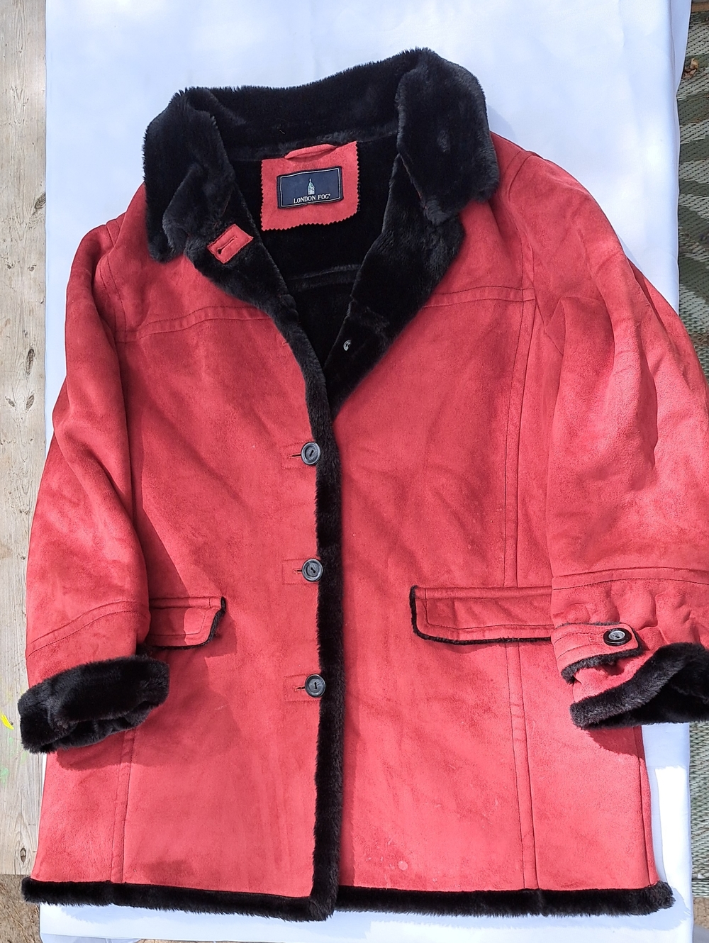London Fog Red Faux Suede Jacket with Black Faux-Fur Trim. Penny Lane. Fall Cozy